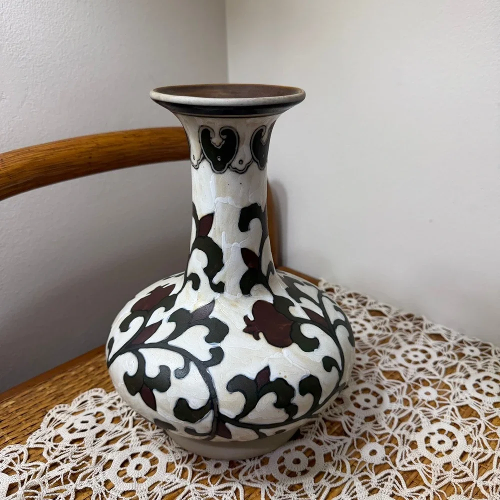 Ivory Crackle Glaze Bottle Vase Chinoiserie Olive Oxblood Vine 10